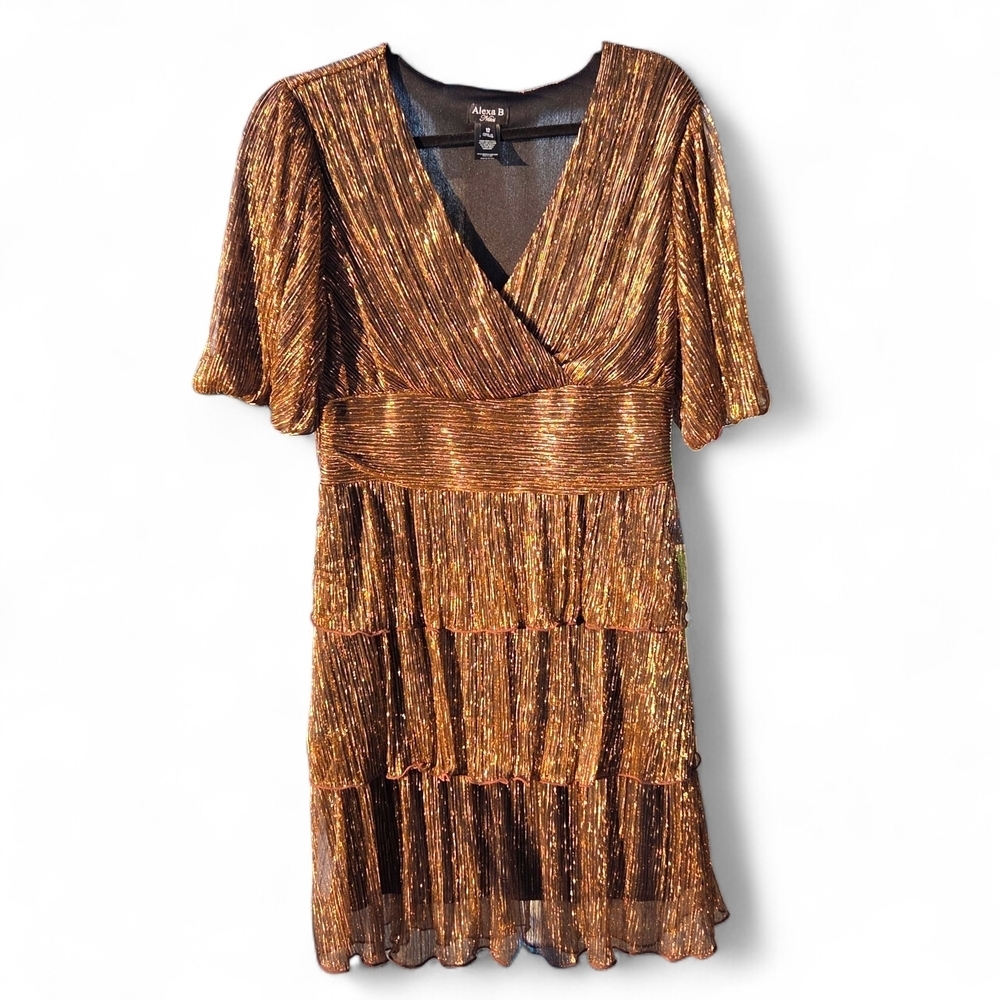 Glamorous Copper-Colored Sparkly Tiered Mini Dress Size 12